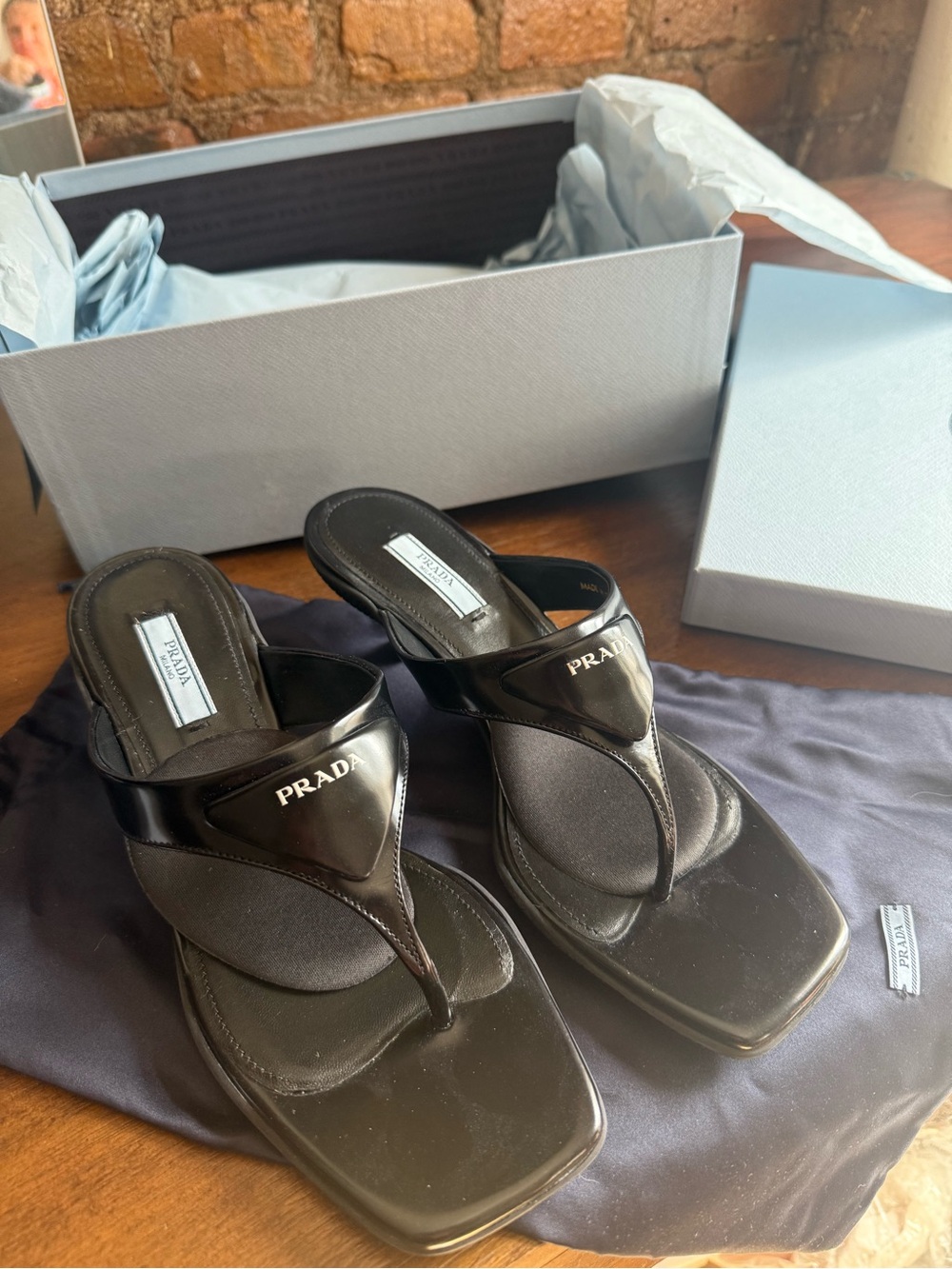 Prada Black Spazzolato Leather Platform Thong Sandals Slides EU 39